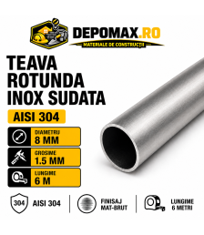 Teava rotunda inox sudata AISI 304, 8 x 1.5 mm, 6 metri
